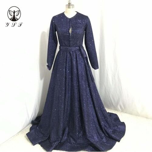 Vintage Vestidos De Fiesta Dark Navy O Neck Pleated Glitter Fabric Sashes Bling Bling Long Sleeve Formal Evening Dresses 2018