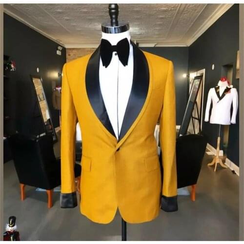Gold Men Suits Black Shawl Lapel Costume Homme Prom Slim Fit Tuxedo Wedding Groom Terno Masculino Blazer 2 Pieces (Jacket+Pants)