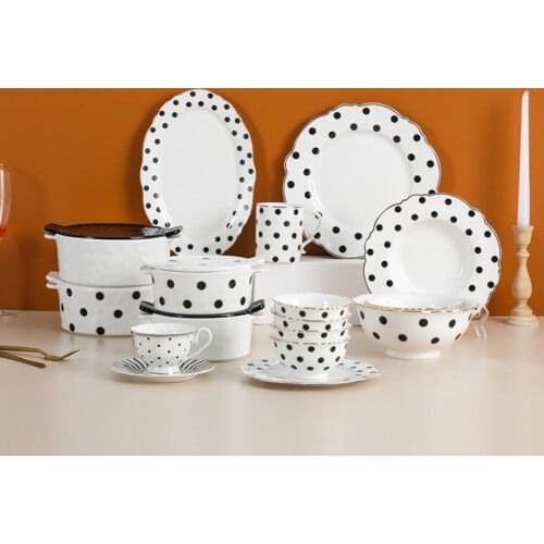 10inch Food Tray Gold Edge Dinnerware Set Polka Dot Dinner Plate Soup Dish Steak Flat Flower Shape Breakfast Tableware