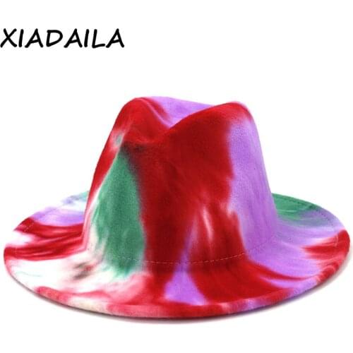 2020 winter hats for women fashion Flat wide Brim Panama Wool Felt Jazz Fedora Hats for men Tie-dye color hat