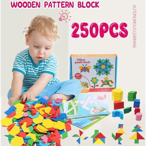 250Pcs Wooden Tangram Geometry Puzzles Building Brain Training Education Kid Toy
