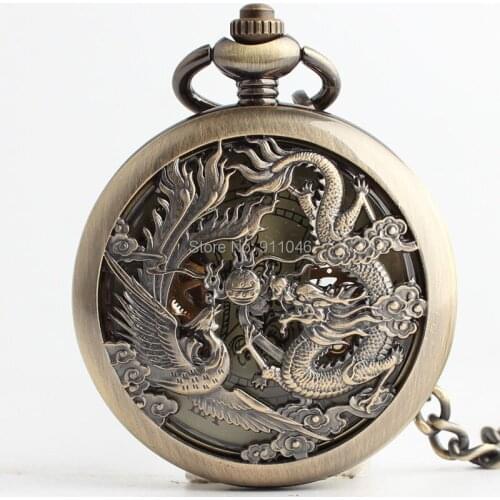 Free shipping Antique Bronze Skeleton Dragon Mechanical Pocket Watch Luxury Mens Pocket Watch With Chain Gift Watch Wholesale