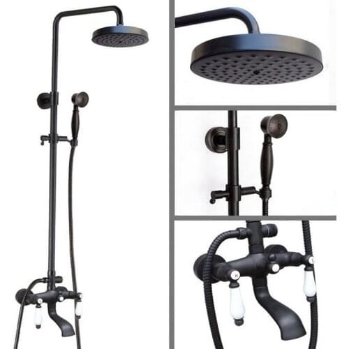 Oil Rubbed Bronze Dual Ceramics Handles Bathroom Rainfall Shower Faucet Set + Round Rain Shower Head + Handheld Shower ahg147