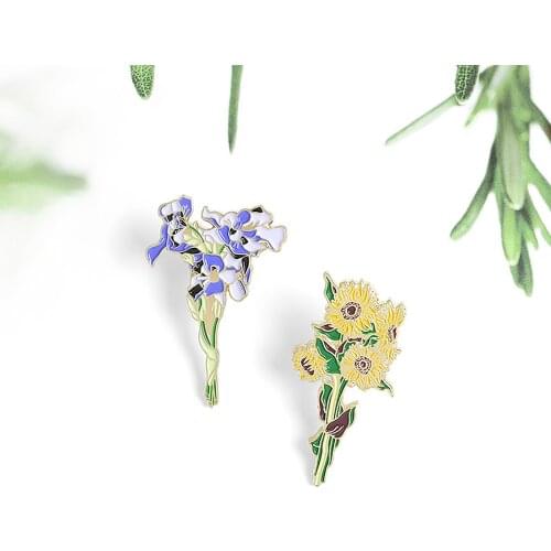 1 Piece Purple Yellow Enamel Flower Pin Brooches Sunflower Fleur-De-Lis Brooch Punk Badge Gothic Jewelry Gift for Friends