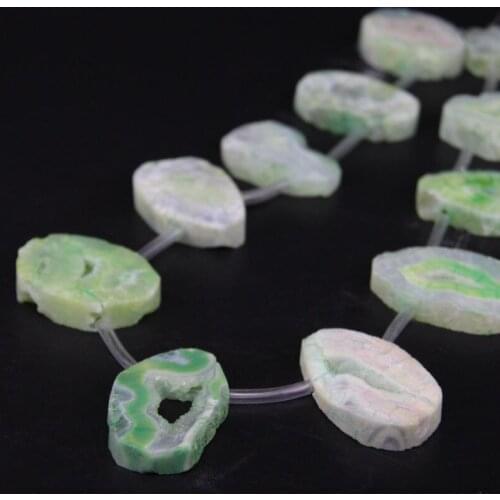 15.5"/strand Top Drilled Green Raw Agates Quartz Geode Druzy Freeform Slab Nugget Beads,Natural Roug Drusy Slice Pendant Jewelry
