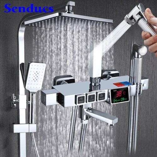 Chrome Thermostatic Shower Set Senducs Brass Bathroom Fixture Faucets Rainfall Shower Head Chrome Digital Bath Shower Set