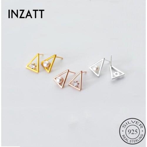 INZATT Real 925 Sterling Silver Parel Zircon Asymmetry Triangle Stud Earrings For Fashion Women Fine Jewelry Bohemian Accessible