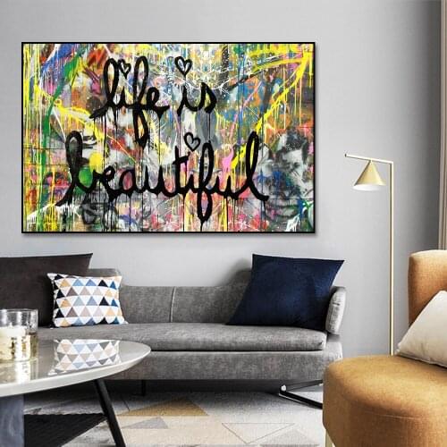 Street Culture Graffiti Art Canvas Painting Life Is Beautiful Prints and Poster Wall Art Picture for Living Room Home Decoration