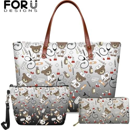 FORUDESIGNS Cartoon Nurse Bear Print 3Pcs Set Woman Handbags Casual Work Shoulder Bags Large Capacity Female Travel Shopping Sac