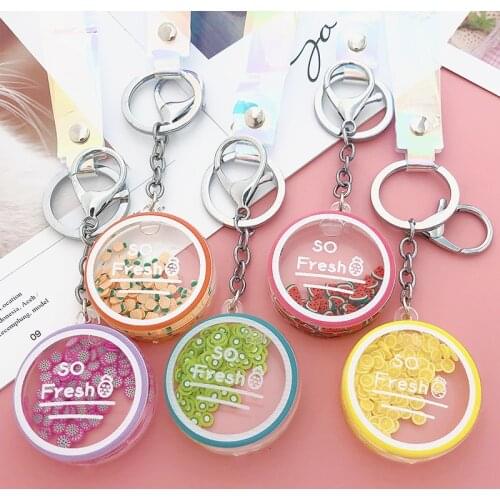 Korean Cute Moving Liquid keychain car Fruit Quicksand Bottle Keychains bag keyring keychain women trinket lovely rope Gifts
