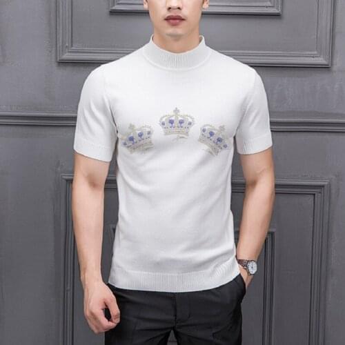 Europe Mens Short Sweater Hip Hop Slim Diamond Crown Tops Pure Cotton Soft Knitting Semi High Necked Luxury Pullover