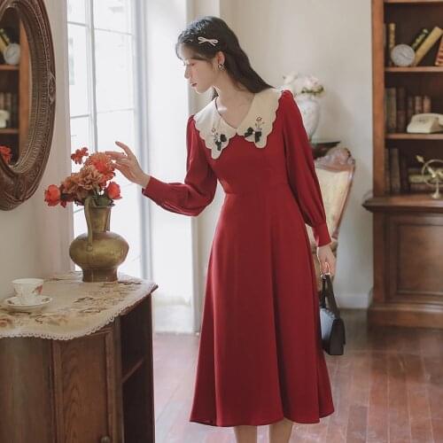 Sweet Cute Kawaii Dress Female Fall Rose Embroidery Chic Retro Exquisite Beaded Bow Doll Collar Lovely Red Vestidos de fiesta
