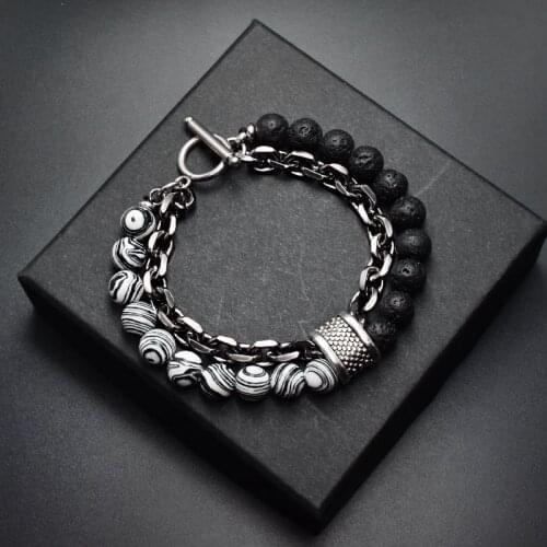Natural Stone Layered Gun Black Color Alloy Chain Bracelet Homme Lava Stone Eye Tiger Bead Meditation OT Buckle Gifts for Men