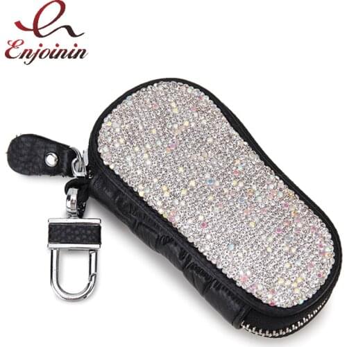 Fashion Luxury Key Wallet Diamond- Studded Real Leather Zipper Ladies Coin Purse for Women Classic Leather Car Key Bag New