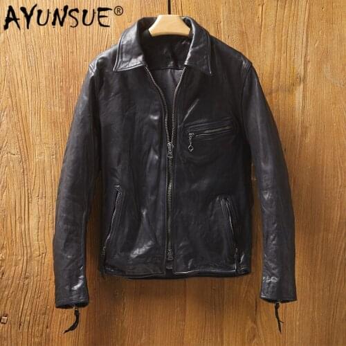 AYUNSUE Genuine Cow Leather Jacket Men Vintage Cow Leather Coat Motorcycle Jacket Luxury Mens Leather Jackets MG9-k9123 KJ4425