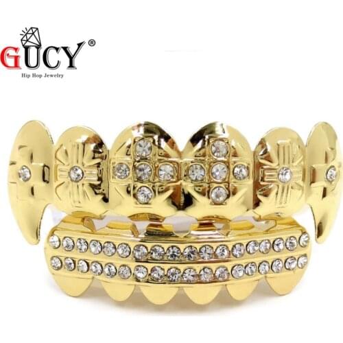 GUCY Gold Color Plated ICED OUT CZ Teeth GRILLZ Caps Cross Top & Bottom Tooth Caps Hip Hop Bling Grills Set Christmas Gift