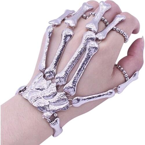 Nightclub Gothic Punk Skull Finger Bracelets For Women Skeleton Bone Hand Bracelets Bangles Christmas Halloween Gift 2Colors