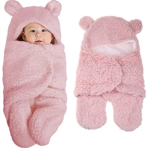 67JC Newborn Baby Blanket Swaddle Wrap Winter Cotton Plush Hooded Sleeping Bag 0-12M