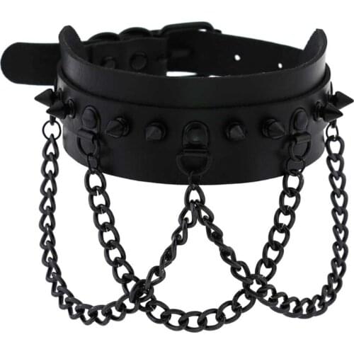 Hot fashion punk PU double leather collar with black rivet chain with personality cross dark tassel chain neck wear