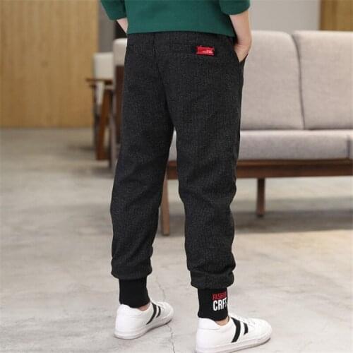 Boys 6-14 Years Winter Autumn Full Length Ribbed Leg Openings Mid-Waist Pant Fashion Straight Warm Fleece Harem Sports Trousers