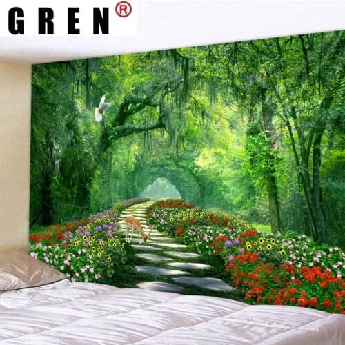 GREN Green Forest Trail Landscape Tapestry Wall Hanging Wall Covering Rugs Background Cloth Beach Mat Blanket Art Home Decor