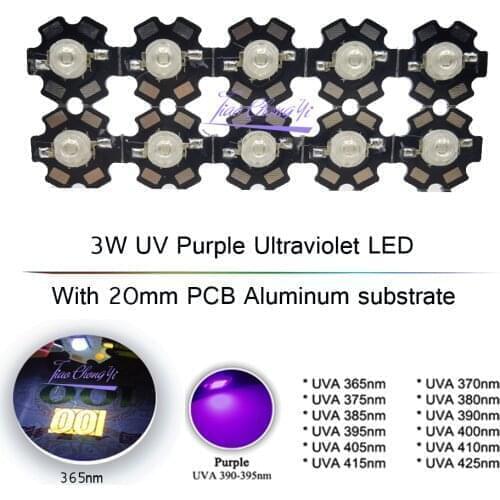 10pcs 3W UV Purple LED Ultraviolet Bulbs Lamp SMD 365nm 375nm 380nm 385nm 395nm 405nm 420nm with 20mm PCB Aluminum substrate