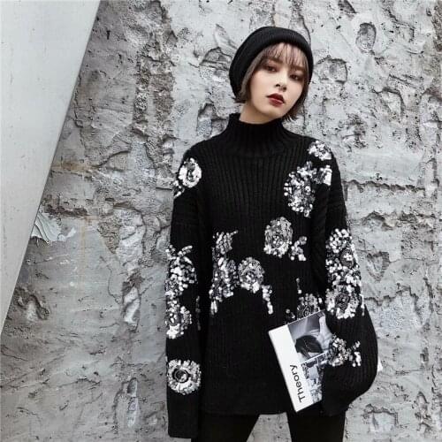 Flower Pattern Thick Warm Sweater 2021 Knitted Tops Women Autumn Spring New Loose Pullover Knitting Heavy Work Beads