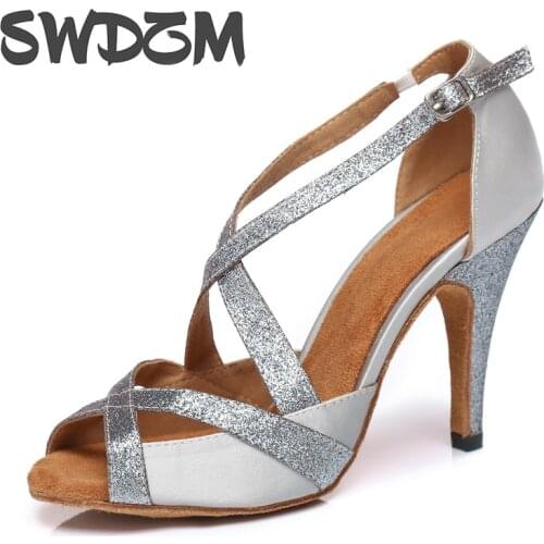 SWDZM Dance Shoes Latin Women Girls Ladies Dancing Shoes For Women High Heels Pole Latina Indoor Spike Heels Silver wholesale