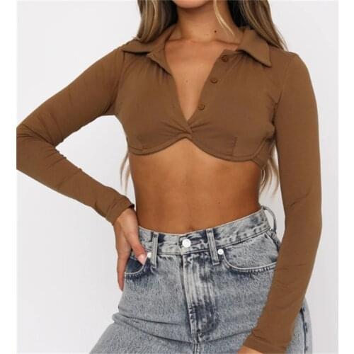 Women’s Casual Long Sleeve T-shirt Fashion Solid Color Button Lapel Exposed Navel Tops Autumn Crop Tops Brown/Black/Yellow