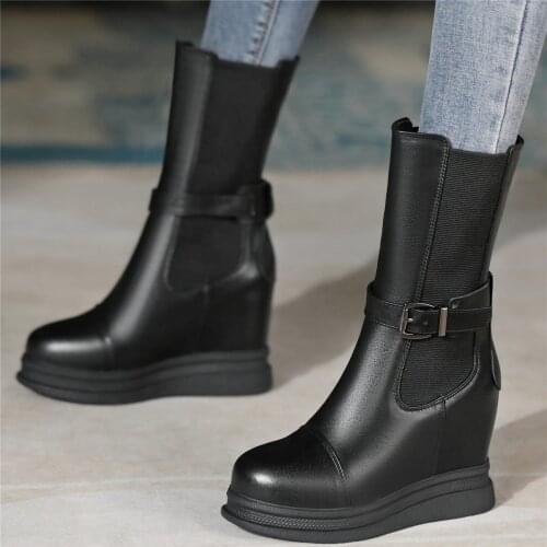 High Top Fashion Sneakers Women Genuine Leather Wedges High Heel Motorcycle Boots Female Round Toe Platform Oxfords Casual Shoes
