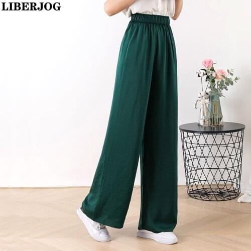 LIBERJOG Women Spring Summer Wide Leg Pants Elastic Waist Loose Straight Cool Trousers Large Size Female Ankle-length Pantalon