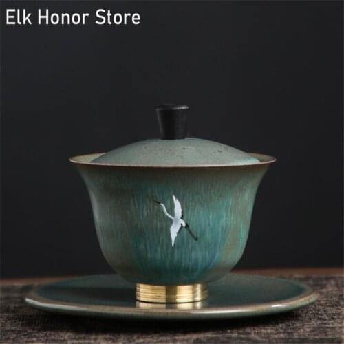 180ml Fambe Crane Ceramic Gold Outline Tea Tureen Water Mug Tea Bowl Kung Fu Gaiwan Travel Porcelain Teapot Office Drinkware