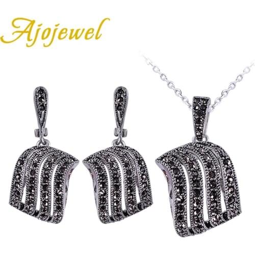 Ajojewel Antique Black Crystal Rhinestone Pendant Necklace Earrings Sets Women Vintage Jewelry Wholesale
