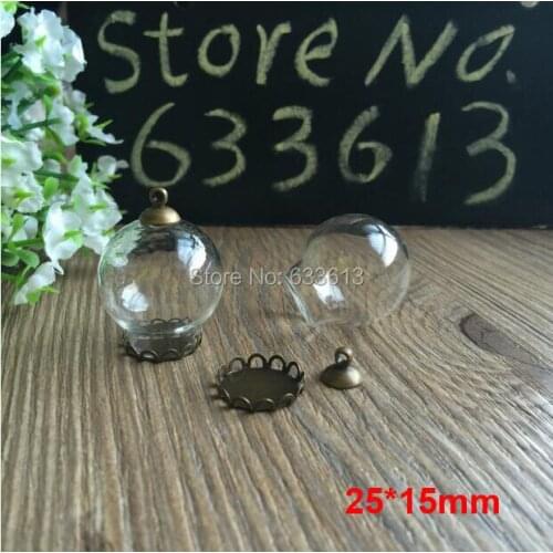 Freeshipping nice 25*15mm Glass bubble & bronze lace base& 8mm cap& 70cm necklace Set DIY glass globe bottle vial pendant