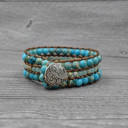 Blue Stones Wrap Bracelet Bangles Single Leather Wrap Jewelry Statement Beaded Cuff Bracelets for Women Female Waving Jewelry