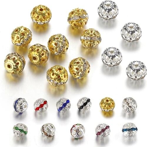 50pcs 8/10mm Rhinestone Beads Crystal Ball Round Loose Spacer Beads for Jewelry Making DIY Necklace Bracelet Accessories