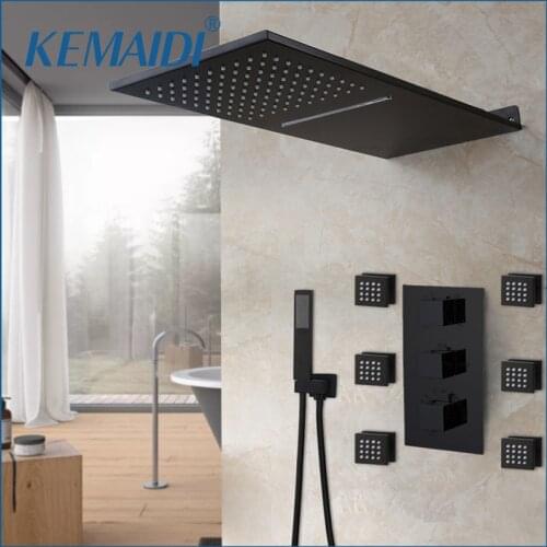 KEMAIDI Black Bathroom Shower With Handle Rainfall Shower Head Kits Square Style Brass Waterfall Shower Message Jets Set