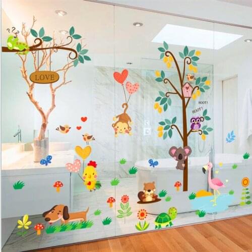 Forest wild owl monkey turtle tree wall stickers for kids rooms decor cartoon animals wall decals art pvc posters diy mural art