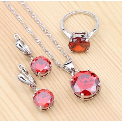 Bridal Jewelry Sets For Women Red Cubic Zirconia Romantic 925 Silver Pendant Necklace Ring Earrings Set