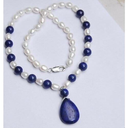 Natural 7-8MM White Pearl & Lapis Lazuli Pendant Necklace 18"