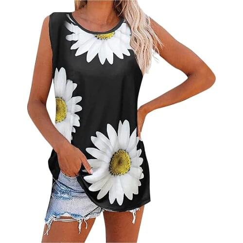 New Fashion Casual Loose Flower Print Vest Summer Retro Sleeveless T-shirt Female Off-shoulder Tops Women Blouse