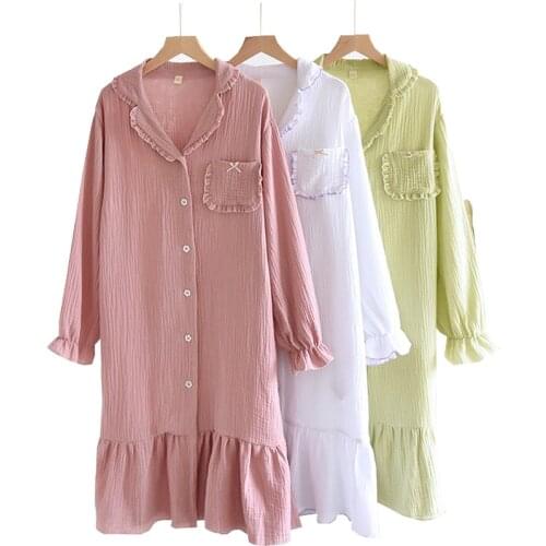 Autumn & Winter New Girls Cute Sleep Dress Princess Style Ruffle Sleepwear Solid Color Soft Loose Full Cotton Long Sleeve Dress