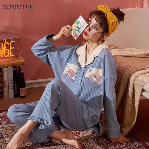 Pajama Sets Women Oversize 3XL Soft Fall Lovely Korean Fashion Pregnant Ladies Homewear Long Sleeve Chic Femme Pijamas Sleepwear