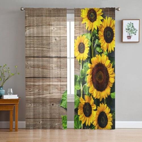 Sunflowers Wood Rustic Sheer Curtains for Living Room Bedroom Kitchen Tulle for Windows Voile Yarn Curtains for Bedroom