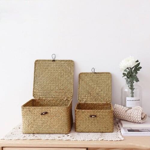 Handmade Straw Woven Storage Basket With Lid Sundries Storage Box Wicker Makeup Organizer Food Container Clothes Storage Bins