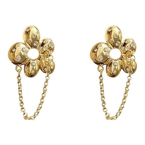 SRCOI Bling Metal Pave Rhinestone Flower Earrings With Gold Color Chain Dangling Earrings For Women Gift Fashion Jewelry 2021