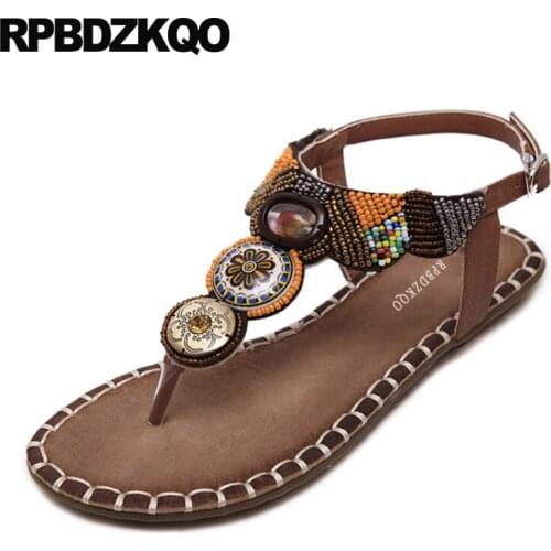T Strap Thong Open Toe Ethnic Beaded Embellished Flat 2018 Beach Shoes Sandals Leisure Fashion Bohemia Style Ladies Slingback