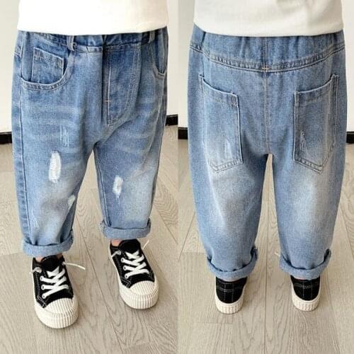 Spring 2-7Y Baby Boy Jeans Pants For Children Elastic Waist Kids Jeans With Hole Autumn Novelty Clothes For Infant Kids Trousers