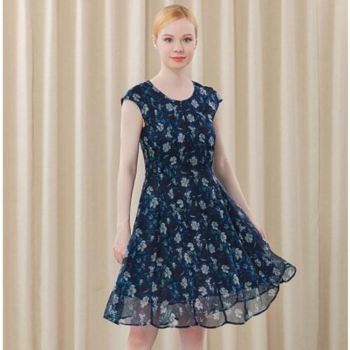 VOA Silk Chiffon Round Neck Shoulder Wrap Short Sleeve Bluebackground Flower Backzipper Waist Slim Elegant Smart Dress AT56