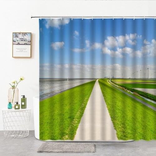 Grassland Road Pavement Blue Sky And White Clouds 3D Print Shower Curtains Polyester Waterproof Bathroom Curtain Home Decor Hook